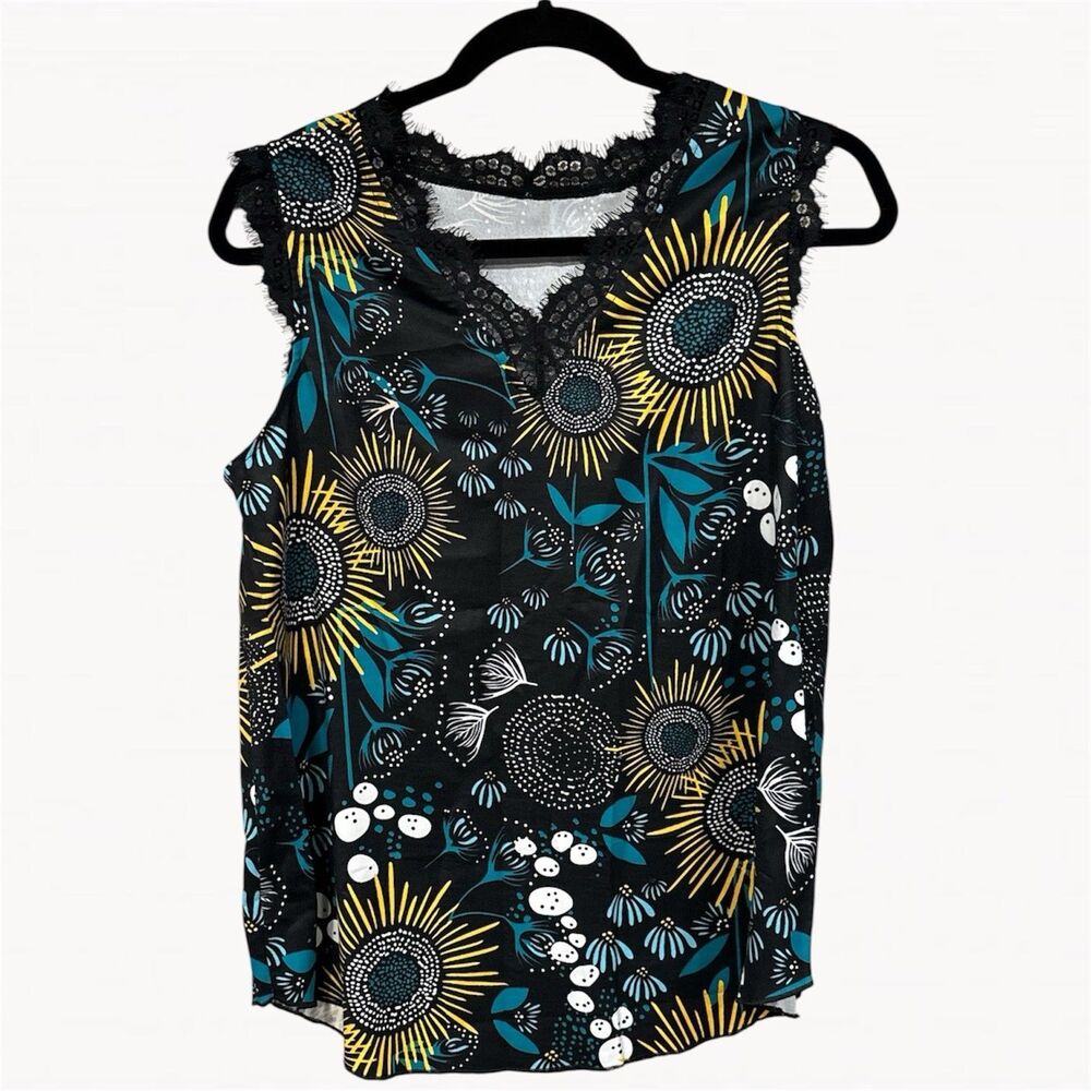 Women V Neck Lace Trim Cami Tank Top Casual Sleeveless Size M Summer Beach Boho